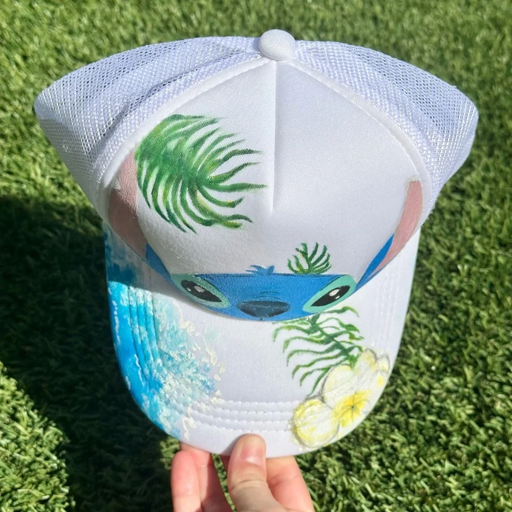 Stitch Cat Blue and White with Tropical Design Hat Handmade Adjustable